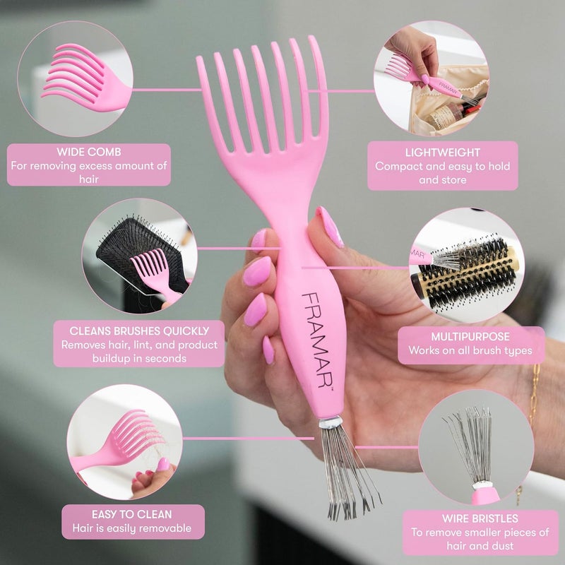 framar Premium Hair Brush Cleaner Tool – Hairbrush Cleaner Tool, Brush Cleaner Tool for All Types, Comb Cleaner – 2 in 1 Design Removes Hair & Build up Instantly – Pink - Image 2